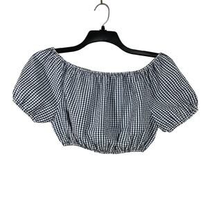 Asos Women's Blue & White Gingham Crop Puff Sleeve Peasant Top - Size 2 - Retro